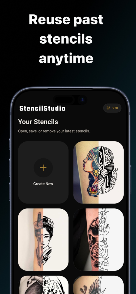 StencilStudio - Tattoo Stencil - StencilStudio app screen showing a library of saved tattoo stencils ready to be reused.