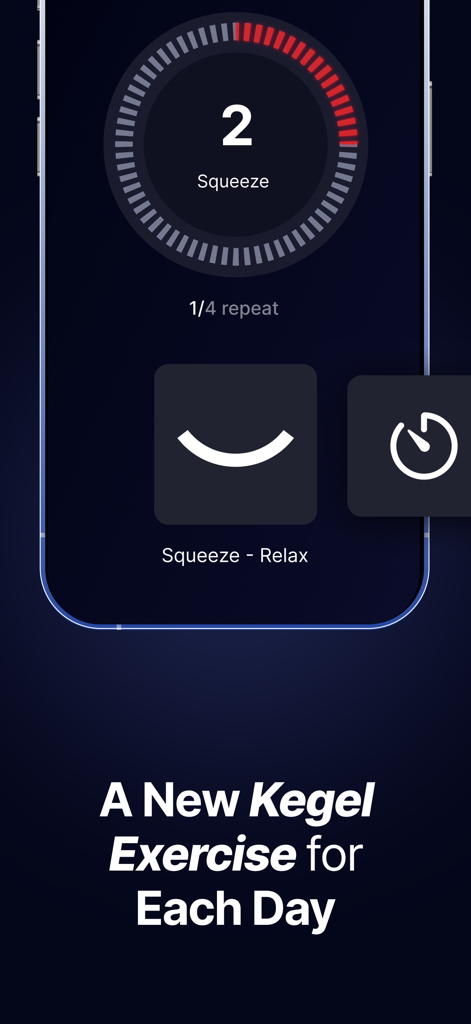 Benutzeroberfläche der Kegel Men App, die eine zeitgesteuerte Quetschübung für das tägliche Beckenbodentraining zeigt