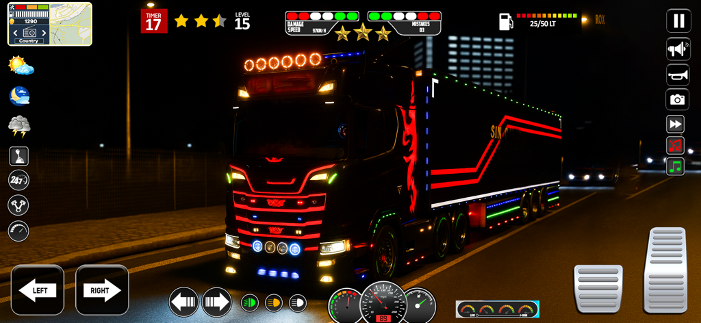 American Truck Cargo Transport - Un camión de remolque negro personalizado con iluminación de neón conduciendo por una carretera por la noche en el juego American Truck Cargo Transport.