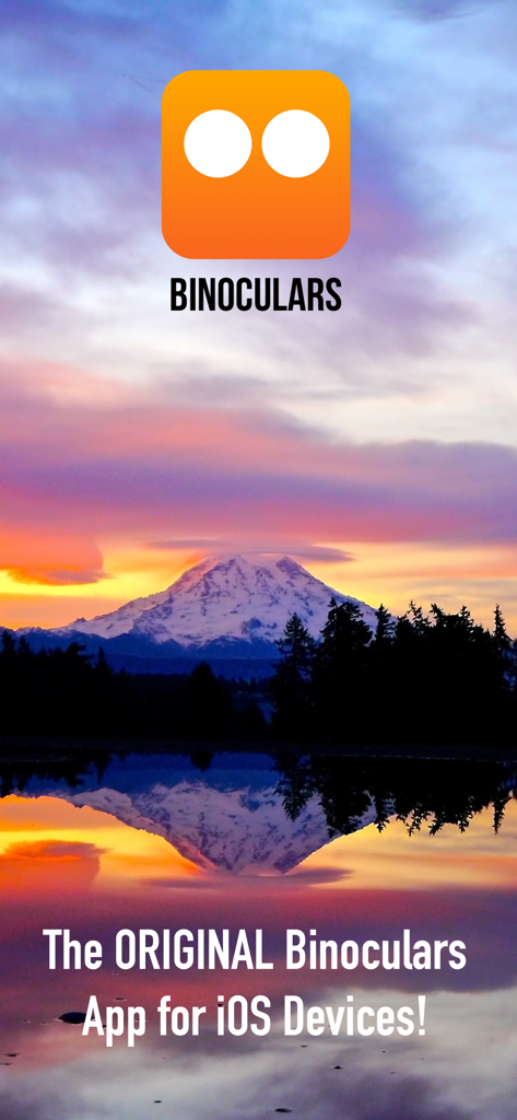 Binoculars - Binoculars app logo displayed over a scenic mountain lake reflection at sunset.