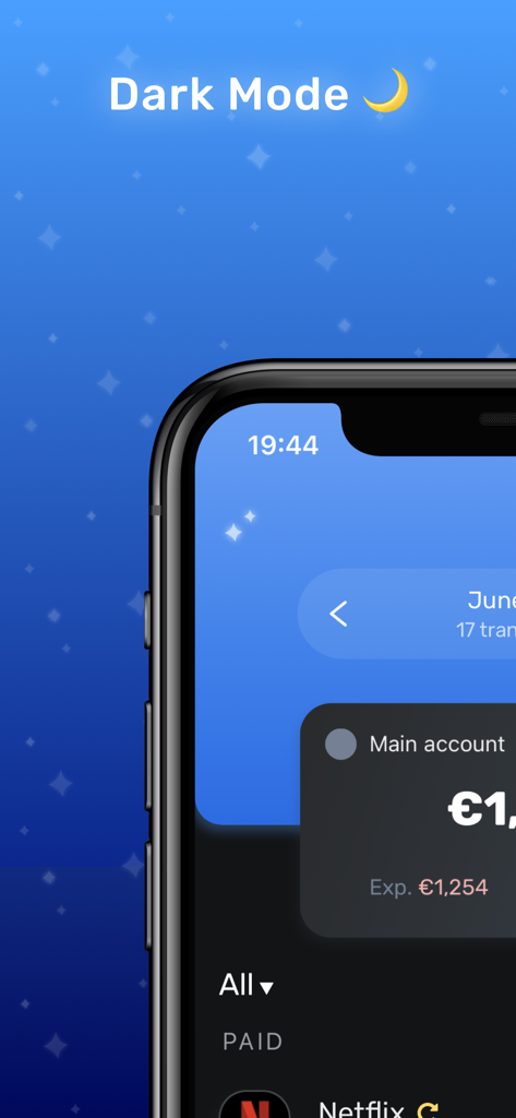 Screenshot of the Budg app displaying its dark mode interface with financial tracking data and a starry background.