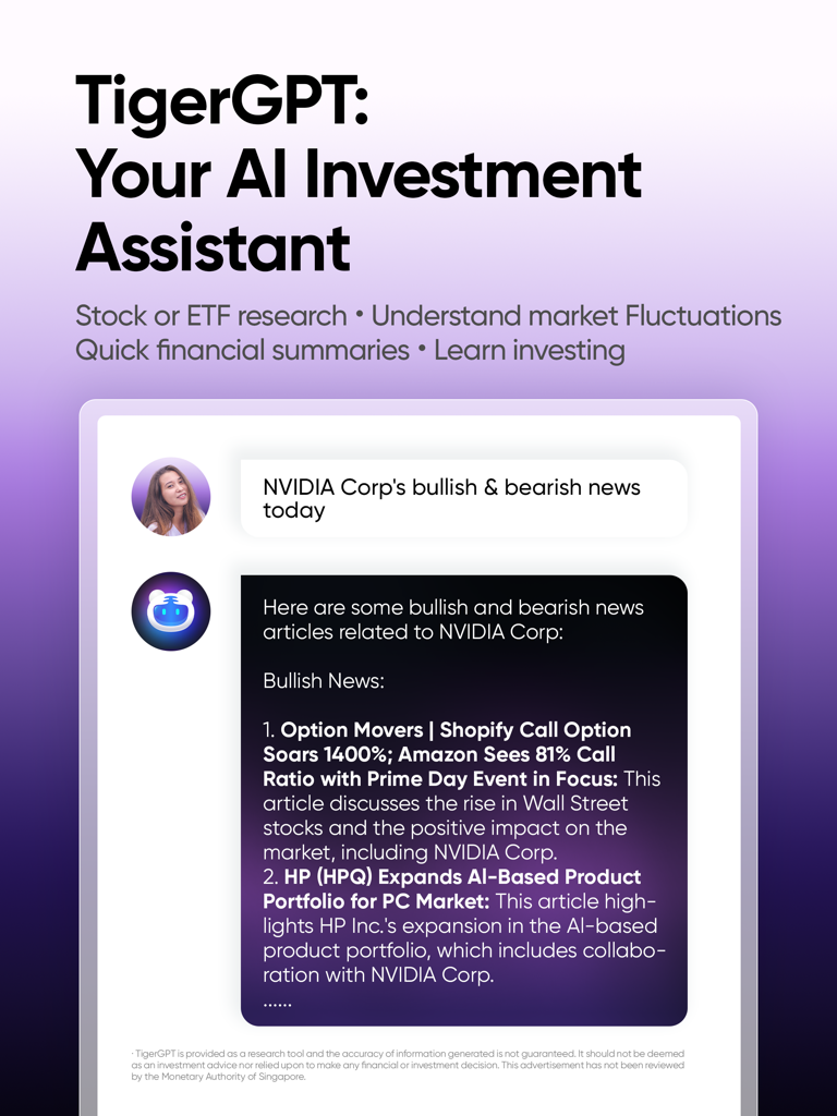 Tiger Trade - One stop trading - TigerGPT AI investment assistant providing bullish and bearish news for NVIDIA Corp stocks.