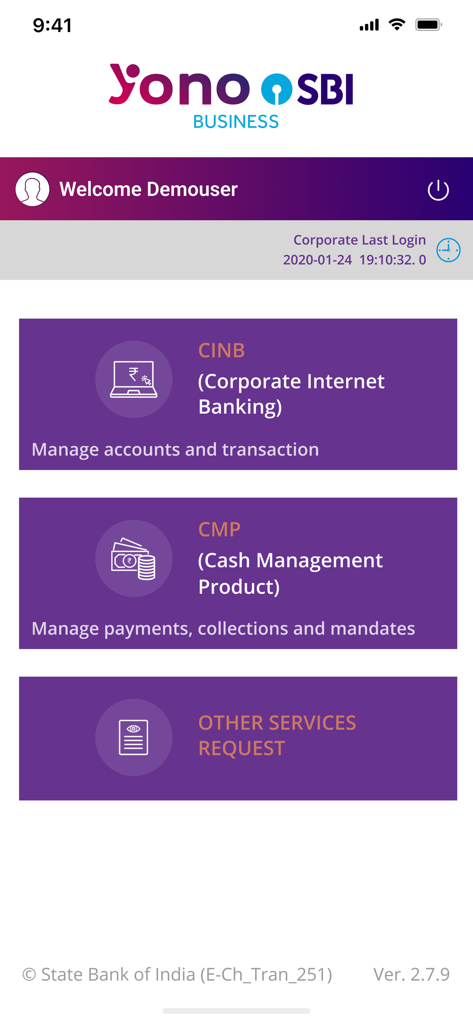 Yono Business SBI - Yono Business SBI app home screen displaying corporate internet banking and cash management product options
