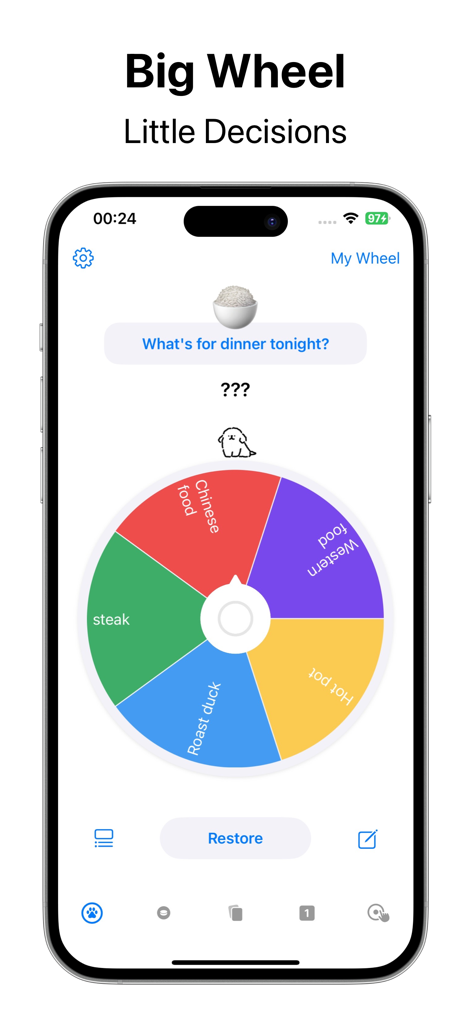 Tiny Decisions app interface showing a colorful spinning wheel for choosing dinner options on an iPhone.