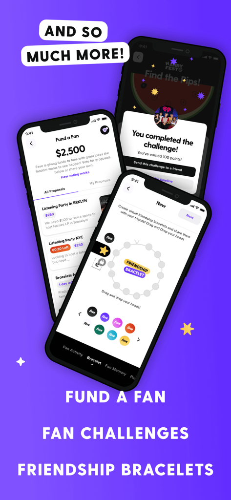 Fave - For Passionate Fans - Pantallas de la app Fave mostrando financiación de fans, desafíos y pulseras de amistad digitales