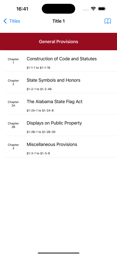 Screenshot of the Alabama Code app showing legal chapters and section ranges for Title 1 General Provisions