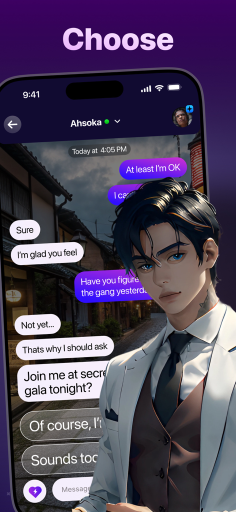 A mobile chat interface for ChaChat showing a roleplay conversation with a handsome anime-style male character in a suit.