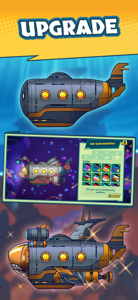 Submarine Quest: Merge&Explore - Submarine customization menu and upgraded vessel in Submarine Quest