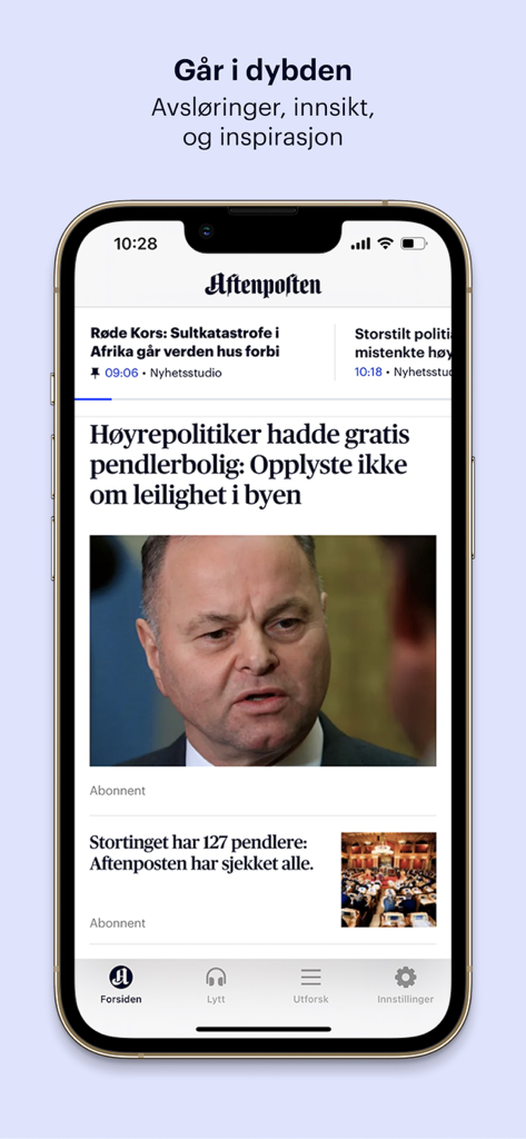 Aftenposten - AftenpostenモバイルアプリインターフェイスがiPhoneでノルウェーのニュース見出しを表示しています。