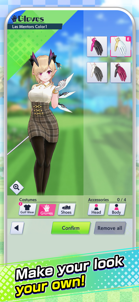 NEKO GOLF -Anime GOLF- - Anime character customization screen in NEKO GOLF showing fashion options and glove selection.