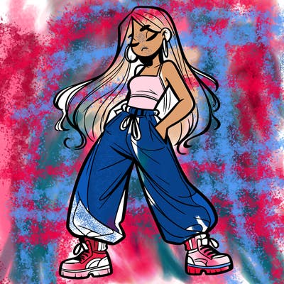 girl in baggy pants crop top and long hair