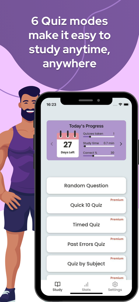 A mobile app screen for NSCA CSCS exam preparation showing daily progress tracking and various quiz study modes.
