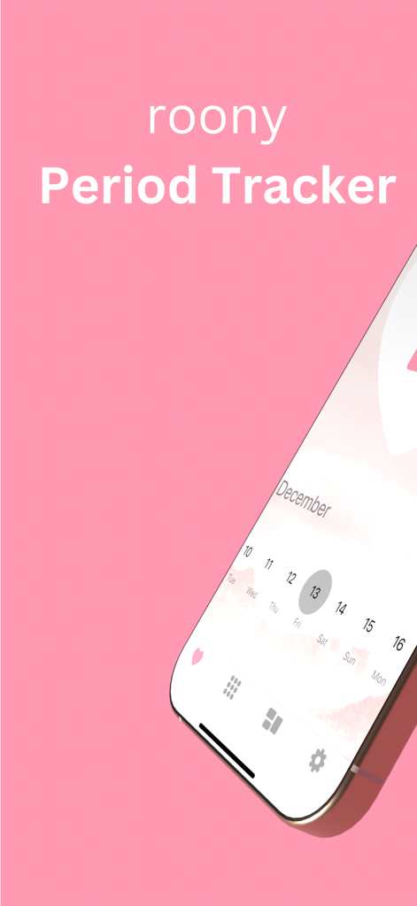 Period tracker - roony - Interfaz de la aplicación de rastreo de período Roony que muestra una vista de calendario del ciclo menstrual en un iPhone.