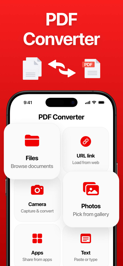 PDF Converter: File & Photo - Panel principal de la aplicación PDF Converter que muestra opciones para convertir desde archivos, fotos, URLs y cámara.