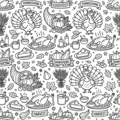 Dive into the spirit of gratitude with this delightful Thanksgiving seamless pattern coloring page. Featuring charming turkeys, bountiful cornucopias, and autumn elements, it's perfect for festive relaxation.