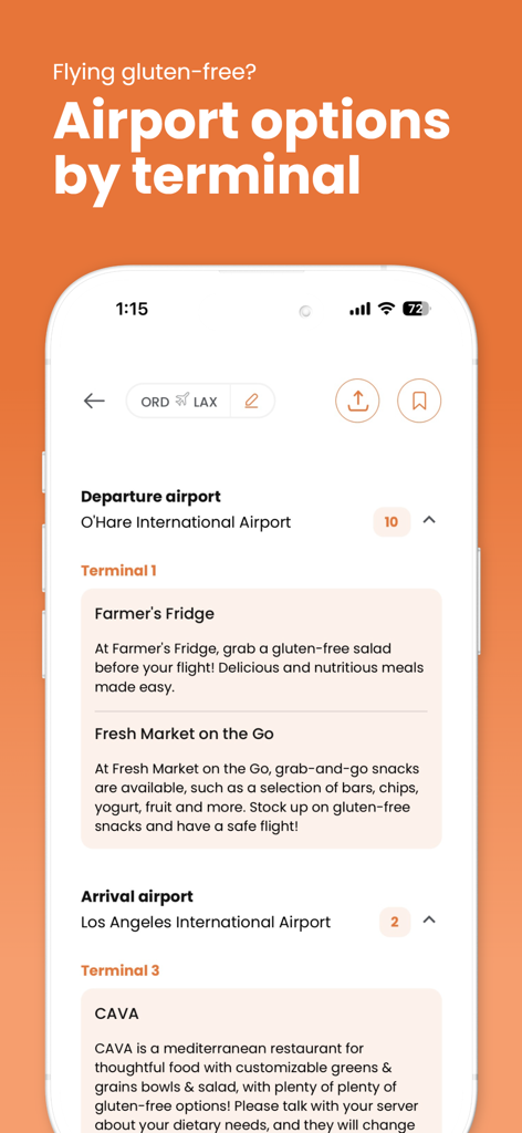 A mobile app interface displaying gluten free food options by terminal for O Hare and Los Angeles airports.