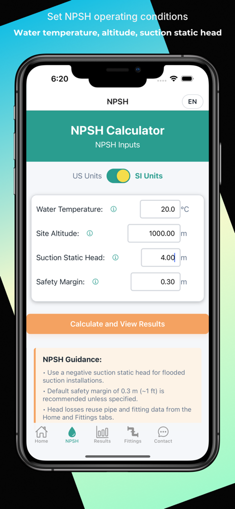 NPSH Calculator - Schermata dell'app NPSH Calculator per l'inserimento delle condizioni operative di aspirazione della pompa