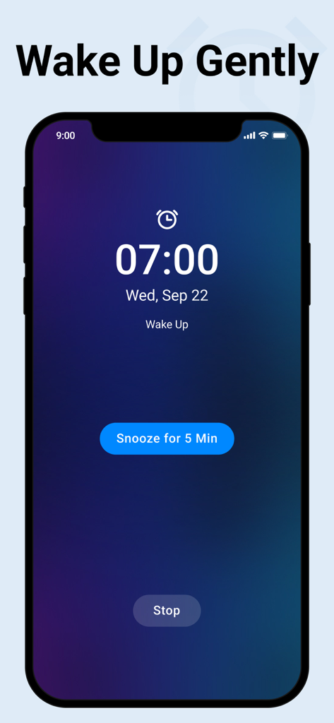 Clock - Wake Up Gently - Ein iPhone-Bildschirm, der eine minimalistische Wecker-Oberfläche um 07:00 Uhr mit einer großen blauen Schlummertaste und einem dunklen Farbverlaufshintergrund zeigt