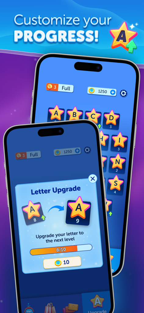 LunaCross Kreuzworträtsel-Handyspiel-Screenshot, der eine Buchstaben-Upgrade-Oberfläche mit Münzen und individueller Fortschrittsanzeige zeigt.