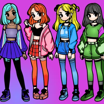 one girl with crop-top shirt and a jacket with a skirt, long socks and another girl with a shirt and pants with a jacket