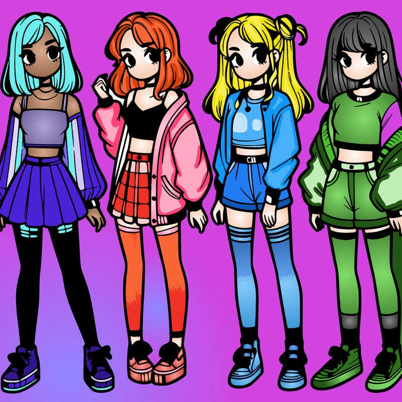 one girl with crop-top shirt and a jacket with a skirt, long socks and another girl with a shirt and pants with a jacket