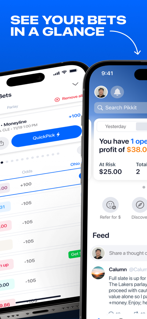 ダッシュボード分析とソーシャルフィードを表示するPikkitスポーツベットトラッカーアプリのインターフェース