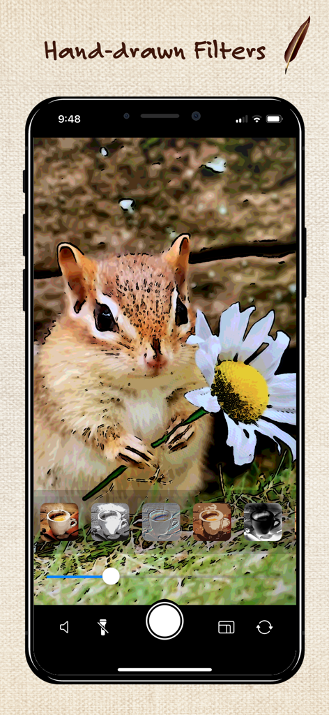 SketchSnap -Live Sketch Camera - Ein Smartphone, das die SketchSnap-App-Oberfläche mit einem handgezeichneten künstlerischen Filter zeigt, der auf ein Eichhörnchen angewendet wird, das eine Blume hält.