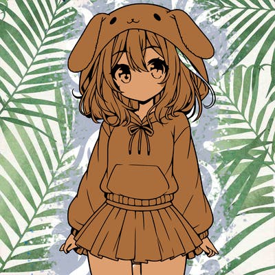 pretty anime girl wearing a fluffy hoodie with bunny ears on the hood and a skirt