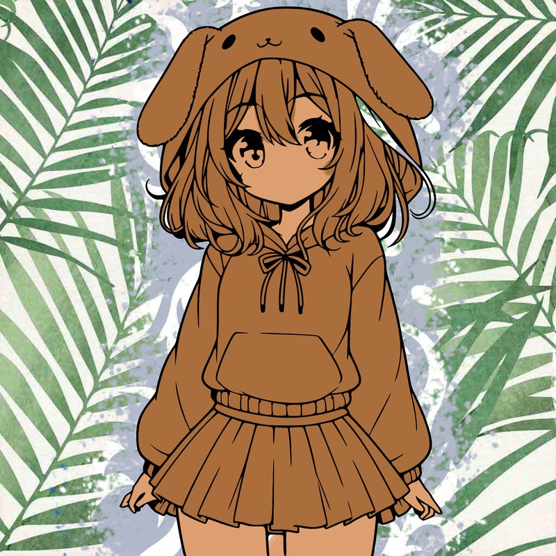 pretty anime girl wearing a fluffy hoodie with bunny ears on the hood and a skirt