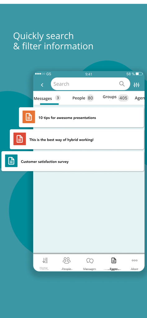 Plek mobile app screen demonstrating the search and filter functionality for messages, people, and groups.