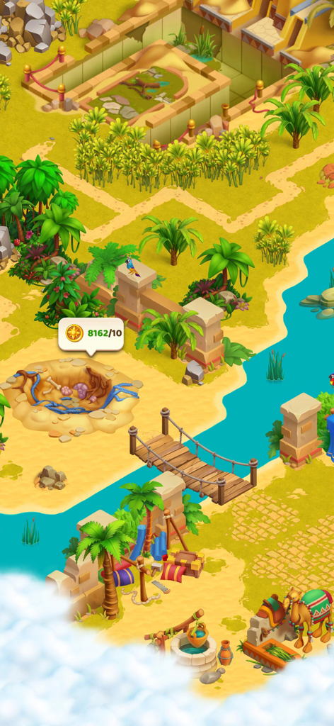 Olivia's Mysteries - A top-down view of an Egyptian desert expedition map featuring an excavation site, a camel, and a wooden bridge over a river in Olivias Mysteries.