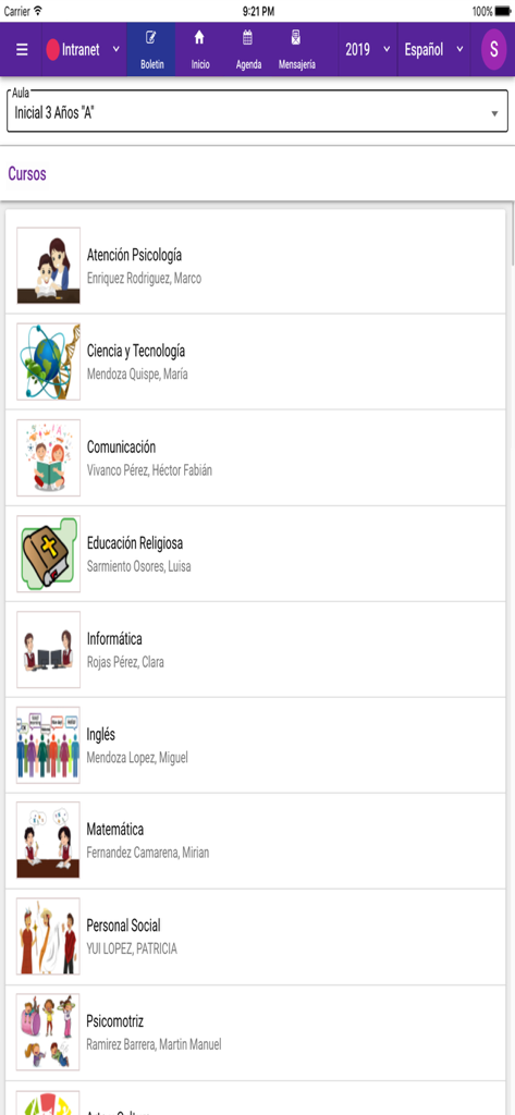 SieWeb - Dashboard of school courses and assigned teachers in the SieWeb app