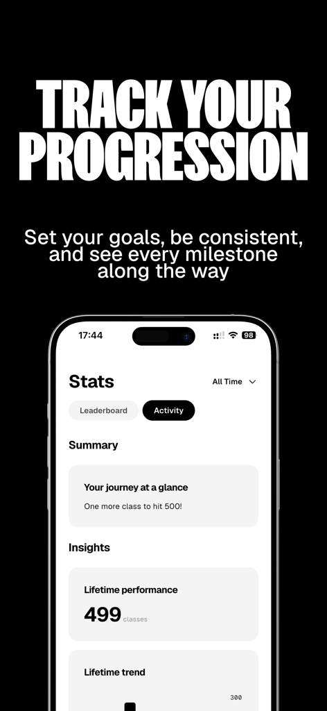 MAAT app stats screen displaying lifetime fitness performance and progression milestones