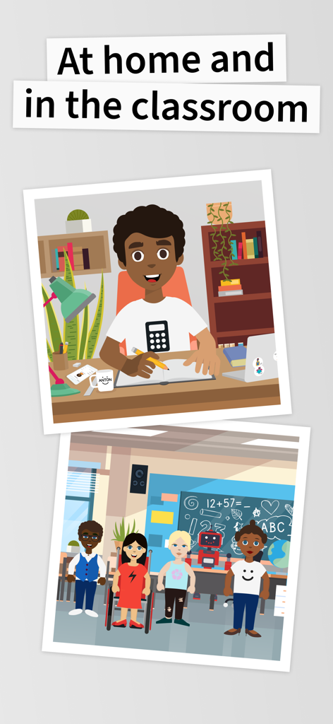 Duas ilustrações retratando uma criança estudando em casa e um grupo diversificado de alunos em uma sala de aula