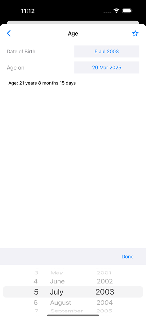 Screenshot of the OneCalc app showing the age calculator tool calculating age based on a specific date of birth.