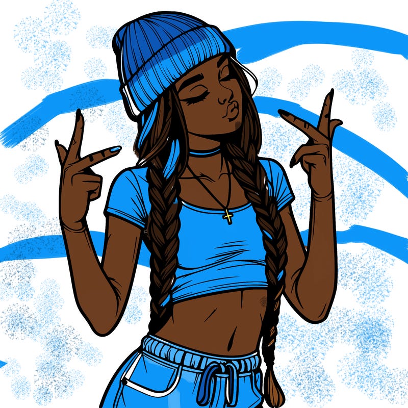 realistic teenage girl with braids and a beanie and crop top doing 🫶🏼