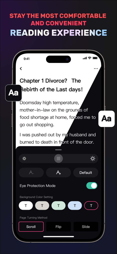 Novel Master - Menu di personalizzazione dell'app Novel Master per la dimensione del carattere, il colore dello sfondo e la modalità di protezione degli occhi