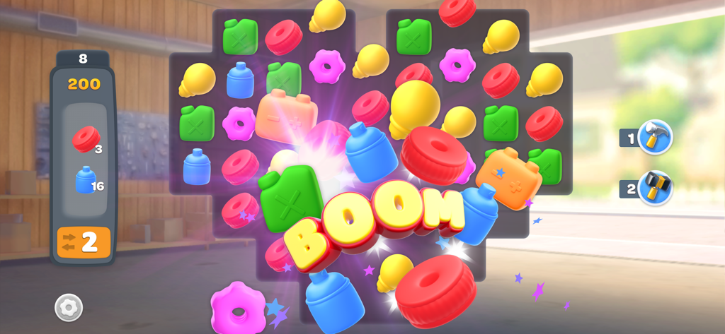 Car Mechanic - Restore Cars - Match 3 puzzle level with automotive icons and a boom effect in Car Mechanic game