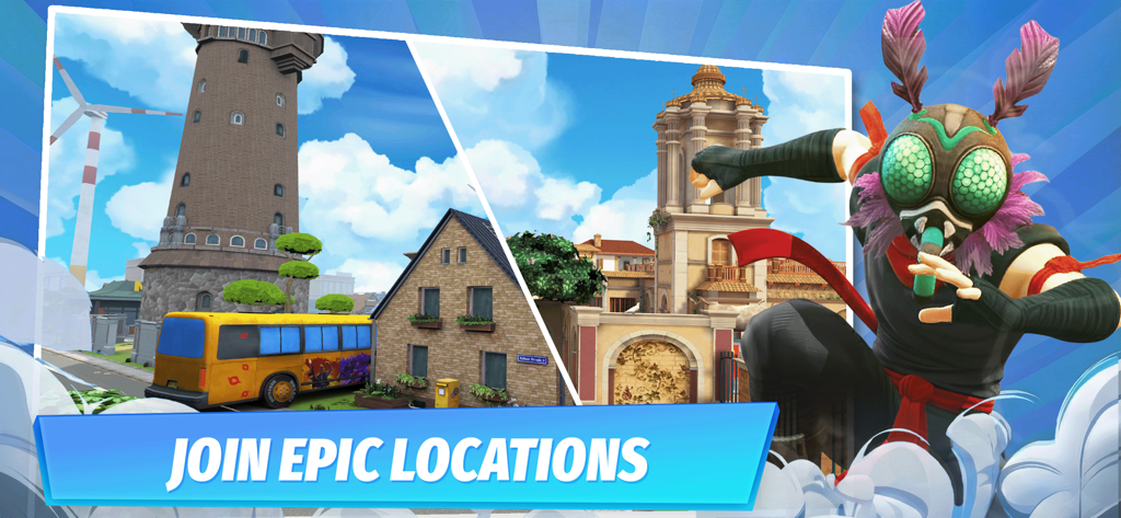 Contra Guns－PVP Shooting Game - Imagen promocional de Contra Guns que muestra mapas del juego y una skin de personaje ninja con temática de mosca.