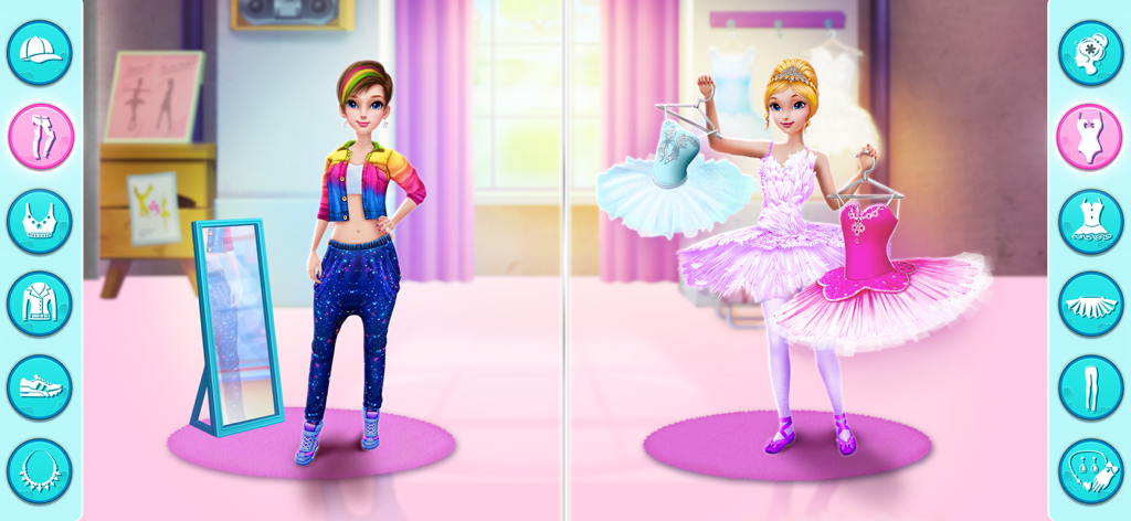 Dance Clash: Ballet vs Hip Hop - Pantalla dividida que muestra a un bailarín de hip hop a la izquierda y a una bailarina a la derecha eligiendo disfraces y accesorios