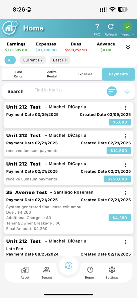 Tela inicial do Sistema de Gestão de Aluguel mostrando ganhos de aluguel e lista de pagamentos