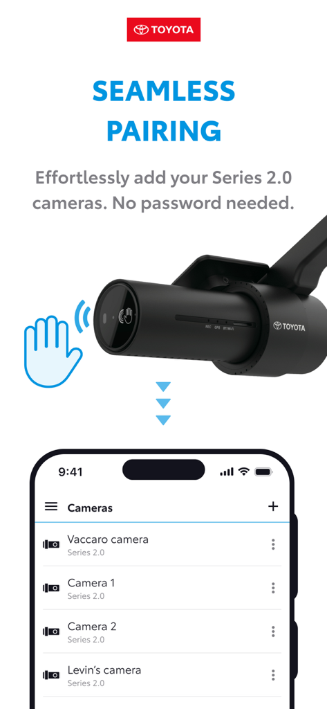 Toyota Series 2.0 Viewer - Toyota Series 2.0 Viewer 앱 인터페이스, 완벽한 카메라 페어링 프로세스 및 연결된 대시캠 목록 표시