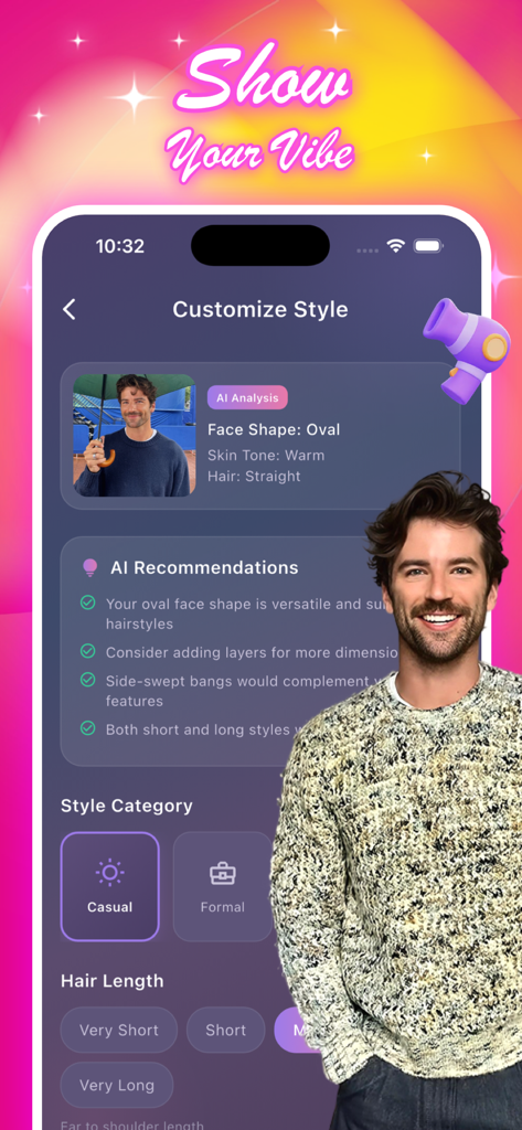 Silk - Your AI Hair Stylist - Silk app interface showing AI analysis of face shape and skin tone with personalized hair style recommendations