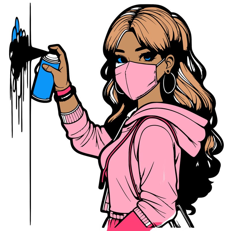 realistic girl with mask spray painting a wall