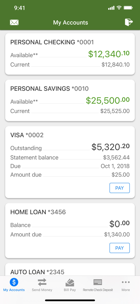 Pima Federal Credit Union mobile app My Accounts dashboard showing checking savings and loan balances