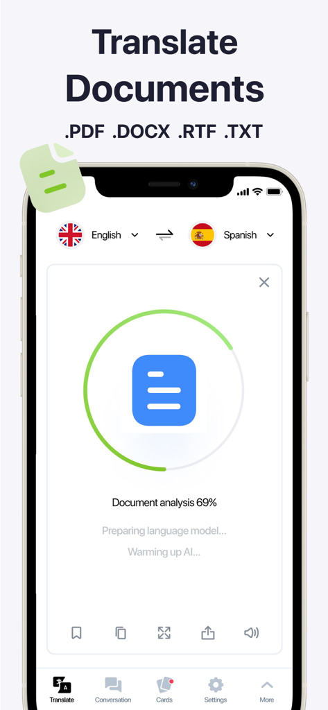 Lingvanex Language Translator - Interface do app Lingvanex mostrando o processo de tradução de documentos para arquivos PDF e Word