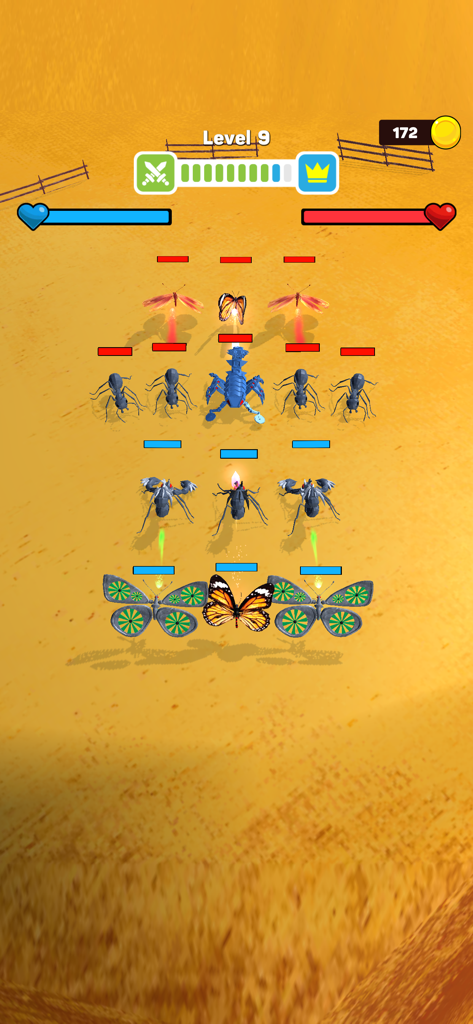 Merge Ant: Insect Fusion - Captura de pantalla del juego de Merge Ant Insect Fusion que muestra una batalla estratégica entre hormigas e insectos en una arena desértica 3D