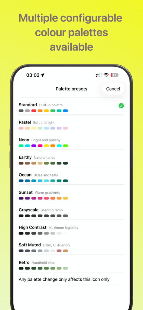 Color palette selection screen in the Pixel Draw 16x16 app