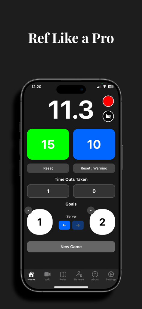 iRefFoos - iRefFoos app interface displaying a professional foosball match timer shot clocks and score tracker