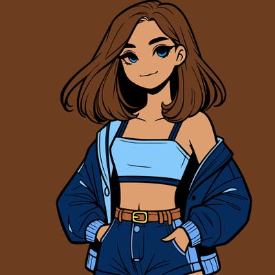 a realistic girl with a crop top and short shorts in an open jacket
